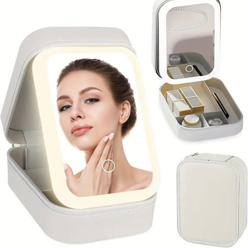 JEWELLERY BOX WITH LED MIRROR WHITE & PINK Small Travel LED Makeup Mirror Case